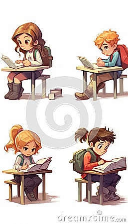 a set of 4 pupils sitting on a school desk generative AI Stock Photo