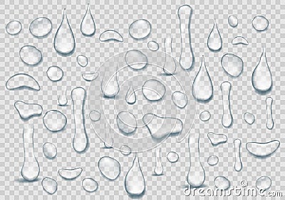 Set of Pure clear Drops of water on a transparent background. Realistic water background with drops isolated. Vector Vector Illustration
