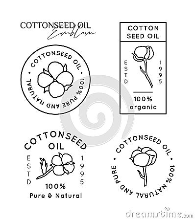 Set Pure Cottonseed Oil Liner labels and badges - Vector Round Icons, Stickers, Stamps Cotton Flowers. Natural Oil Logos Vector Illustration