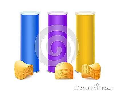 Set of Purple Blue Yellow Tin Box with Chips Vector Illustration