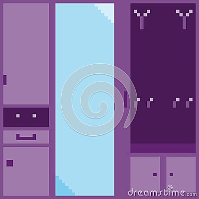 A set of purple modular furniture for the hallway in pixel style Vector Illustration