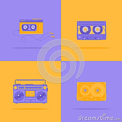 A set of purple and yellow boombox, audio player and audio cassette. Vector illustration Cartoon Illustration