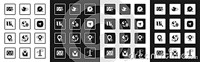 Set Push pin, Location on the globe, Search location, Gps device with map, City navigation, Map and house icon. Vector Stock Photo