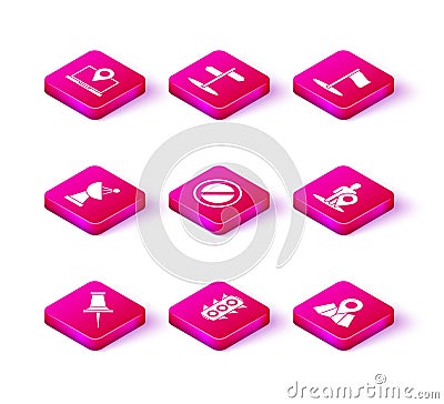 Set Push pin, Traffic light, Radar, Stop sign, Folded map with location marker, Map silhouette of person, Flag and Road Vector Illustration