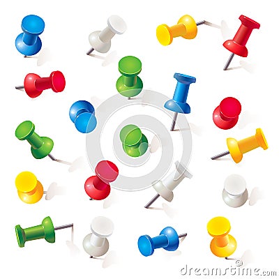 Set of push pins in different colors. Thumbtacks Vector Illustration