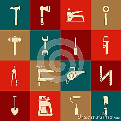 Set Putty knife, Folding ruler, Calliper or caliper and scale, Construction stapler, Wrench spanner, Sledgehammer, Claw Vector Illustration