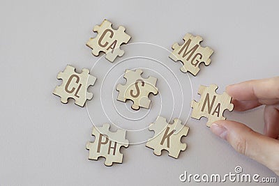 Set of puzzles labeled with the 7 main macronutrients on a beige background. Ca, Mg, Na, Cl, S, Ph, S, K Stock Photo