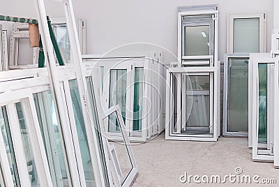 Set of PVC Windows in a Factory Interrior Editorial Stock Photo