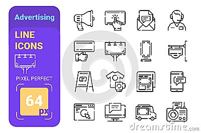 Set 64px advertising simple lines icons of banners and communication. Vector Illustration