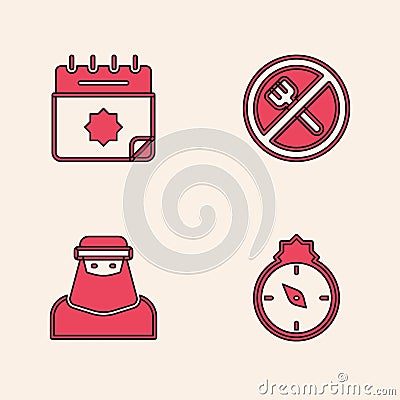 Set Qibla, Ramadan calendar, fasting and Muslim woman niqab icon. Vector Vector Illustration