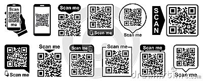 Set QR - Quick Response Code, Inscription scan me, Qr code for smartphone, payment, mobile app scan, QR code collection â€“ vector Vector Illustration
