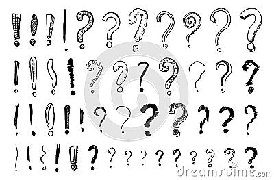 Set of question exclamation mark. Doodle style. Collection of icons and signs Why. Engraved hand drawn sketch. Abstract Vector Illustration