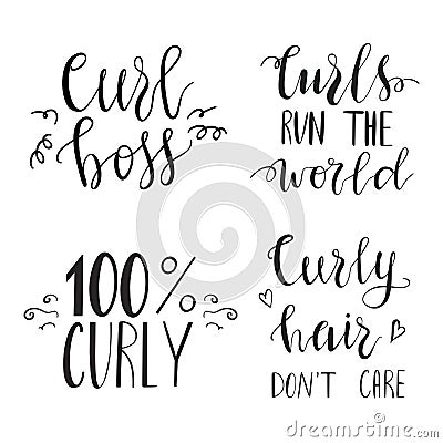 Set of 4 quotes about curly hair, hand lettered sayings Vector Illustration