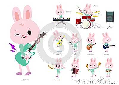 A set of Rabbit boy playing rock `n` roll and pop music Vector Illustration