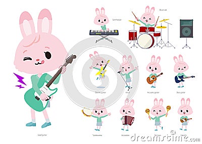 A set of rabbit girl playing rock `n` roll and pop music Vector Illustration