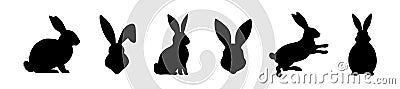 Set of Rabbit silhouettes. Easter bunnies. Isolated on white background. A simple black icons of hares. Cute animals Vector Illustration
