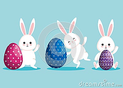 Set rabbits with easter eggs figures decoration Vector Illustration