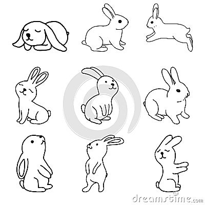 Set of rabbits hand drawing line monochrome image.Rabbit outline.Easter bunny.Illustration for greeting cards, Easter, children s Vector Illustration