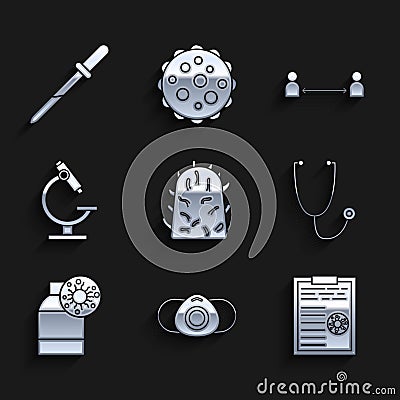 Set Rabies virus, Medical protective mask, Clipboard with blood test results, Stethoscope, Bottle, Microscope, Safe Vector Illustration