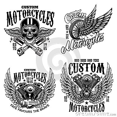 Set of racer emblem templates with motorcycle motor, wheels. wings. Design element for logo, label, emblem, sign, poster, t shirt Vector Illustration