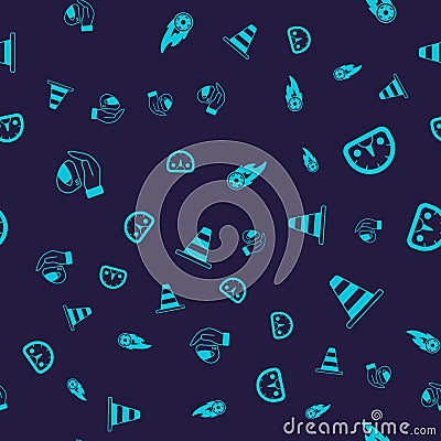 Set Racing helmet, Speedometer, Wheel fire flame and Traffic cone on seamless pattern. Vector Stock Photo