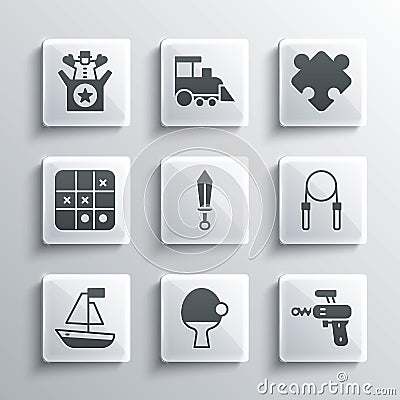 Set Racket and ball, Ray gun, Jump rope, Sword toy, Toy boat, Tic tac toe game, Jack in the box and Puzzle pieces icon Vector Illustration