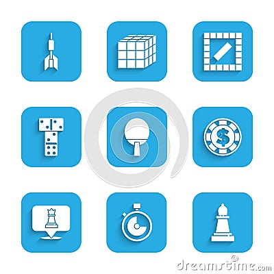 Set Racket, Stopwatch, Chess, Casino chip with dollar, Domino, Board game and Dart arrow icon. Vector Vector Illustration