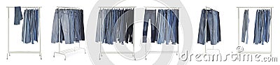 Set with racks of different jeans on background. Banner design Stock Photo