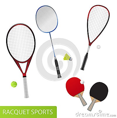 Set of racquet sports - equipment for tennis, table tennis, badminton and squash Vector Illustration