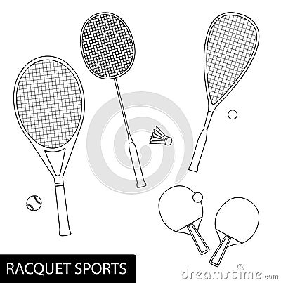 Set of racquet sports in outline design - equipment for tennis, table tennis, badminton and squash - rackets and balls Vector Illustration