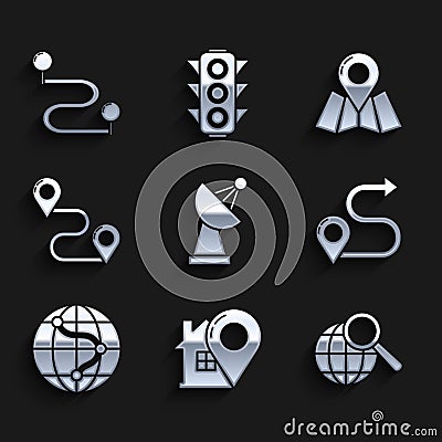 Set Radar, Map pointer with house, Magnifying glass globe, Route location, Location the, Folded map marker and icon Vector Illustration