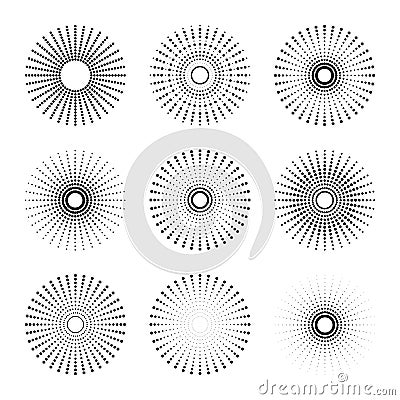 Set of radial halftone dots in circle form for comic books. Fireworks explosion background. EPS10 vector Illustration. Starburst Vector Illustration