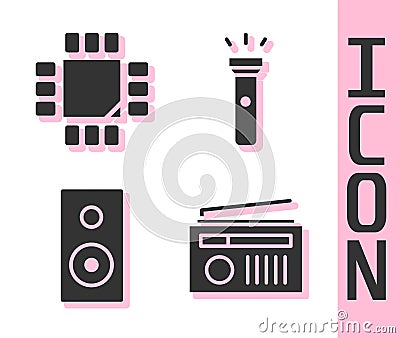 Set Radio with antenna, Processor with microcircuits CPU, Stereo speaker and Flashlight icon. Vector Vector Illustration