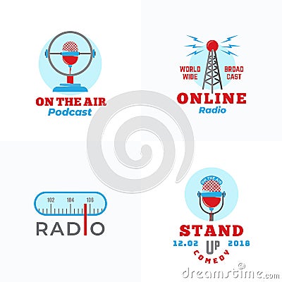 A set of Radio Vector Emblems. Abstract Broadcast Tower, Podcast or Stand Up Comedy Microphone Signs or Logo Templates Vector Illustration