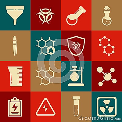 Set Radioactive, Molecule, Test tube and flask chemical, Chemical formula, Tweezers, Funnel filter and Biohazard symbol Stock Photo
