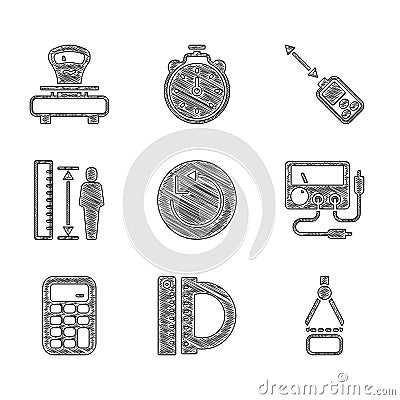 Set Radius, Protractor and ruler, Drawing compass, Multimeter, voltmeter, Calculator, Measuring height body, Laser Vector Illustration