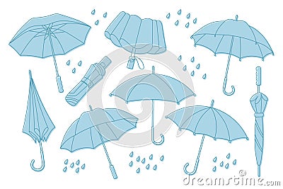 Set of rain umbrellas, open and closed umbrellas. Collection of seasonal accessories. Sketch, linear icons with color. Vector Illustration