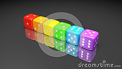 Set of rainbow colored dices on the gray background. Colorful play dice with numbers. Casino gamble playing tool. 3D render Stock Photo