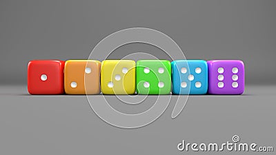 Set of rainbow colored dices on the gray background. Colorful play dice with numbers. Casino gamble playing tool. 3D render Stock Photo