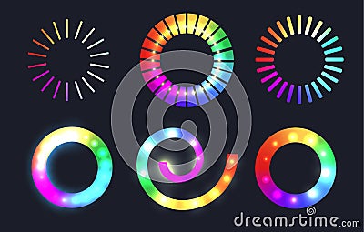 Set of rainbow loading sliders with sparkles. Vector Illustration