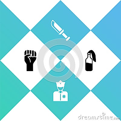 Set Raised hand with clenched fist, Police officer, Military knife and Cocktail molotov icon. Vector Vector Illustration