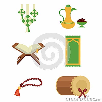 Set of Ramadan Kareem. Quran book, prayer beads, ketupat, holiday food, drum or bedug. Flat arabic ornament, ramadan islamic. Stock Photo