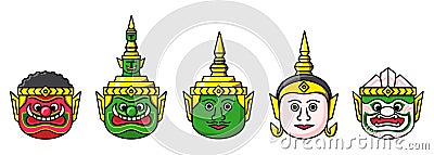 Set of Ramayana face mask in Thai culture dancing drawing isolated vector. Vector Illustration