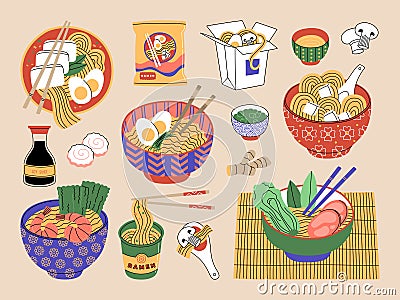 Set of ramen in bowls, chopsticks and souses. Different noodle packages and soup recipes Vector Illustration