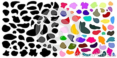 Set of random blotch, inkblot. Colored, black organic blob, blot. Drop of liquid, fluid. Pebble, stone silhouette. Ink stain, Vector Illustration