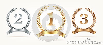 Set of rank emblems - gold, silver, bronze. First place, second place and third place signs with laurel wreath and ribbon. Vector Illustration