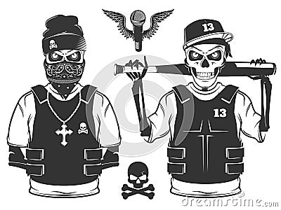 Set of rap skull and hip hop skeleton black and white style Vector Illustration