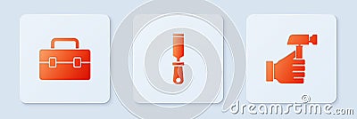 Set Rasp metal file, Toolbox and Hammer. White square button. Vector Vector Illustration