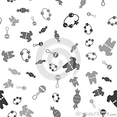 Set Rattle baby toy, Candy, Baby clothes and Rattle baby toy on seamless pattern. Vector Vector Illustration