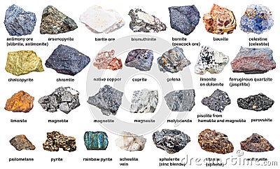 Set from raw minerals and ores with names isolated Stock Photo